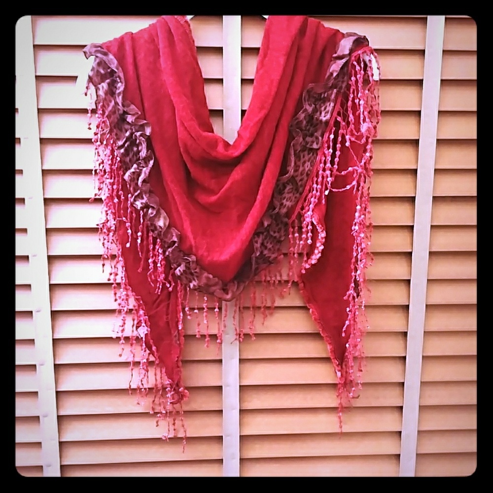 NWOT triangle red scarf with fringe and lace